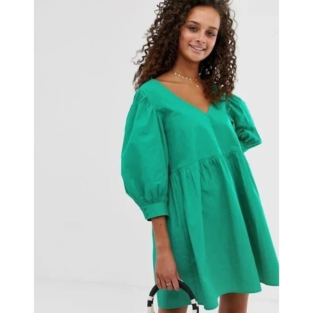 Asos Women Size 8 Green Cotton Babydoll Tiered Mini Dress Preppy Game Day Fairy